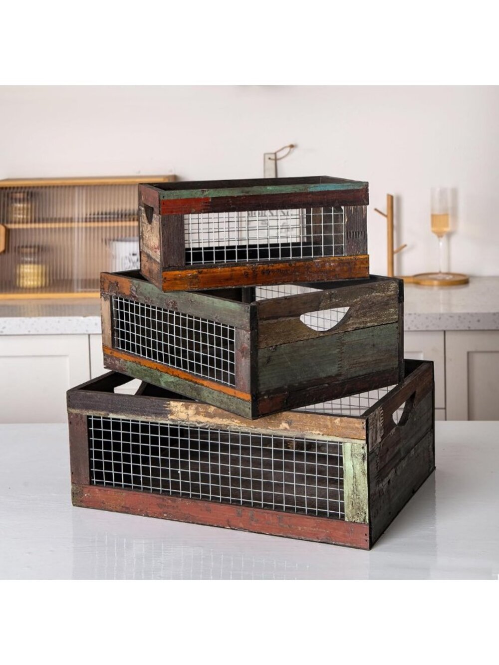 Rustic Wood Nesting Crates Set of 3 - Farmhouse Distressed Storage Baskets